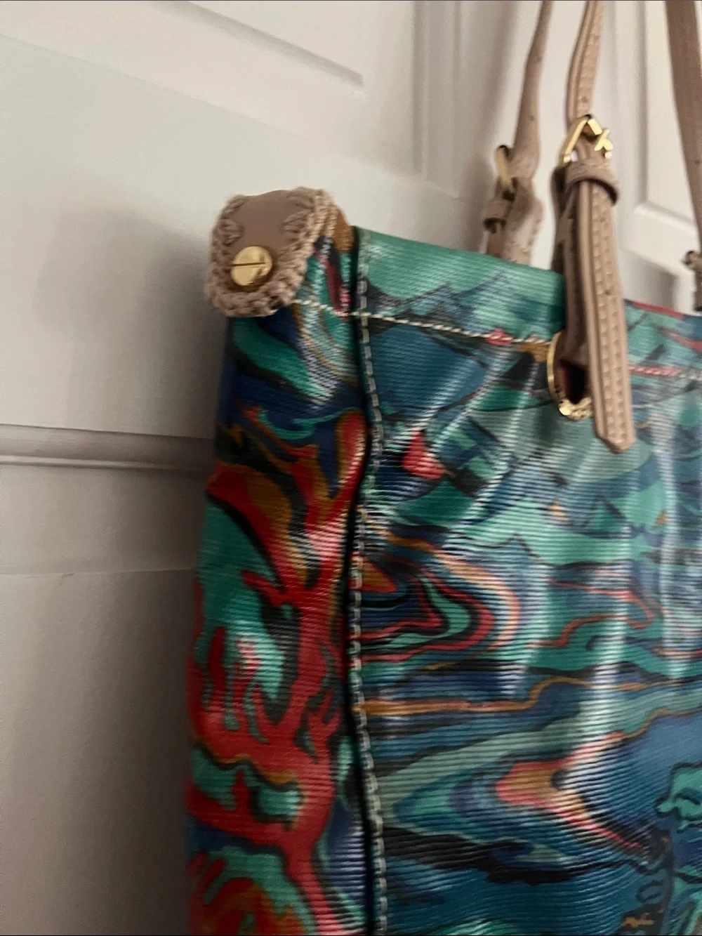 Sakroots Multicolor Swirl Pattern Tote Bag with Beige Handles